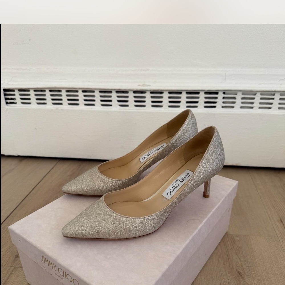 Jimmy Choo Champagne Glitter Pointed-Toe Pumps